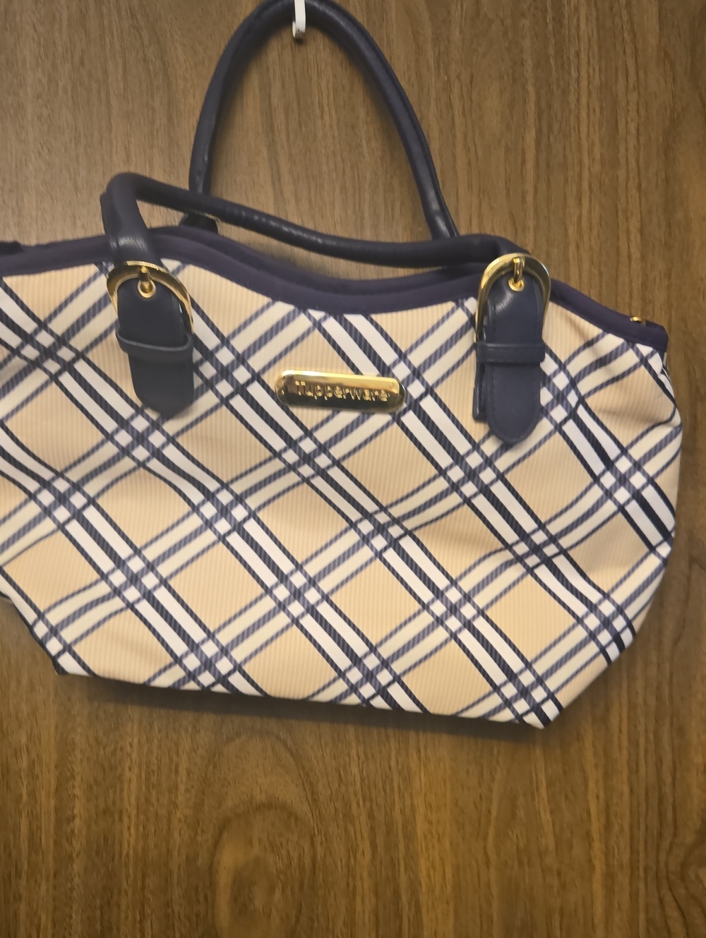 Tupperware Navy and Cream Plaid Tote with Gold Hardware